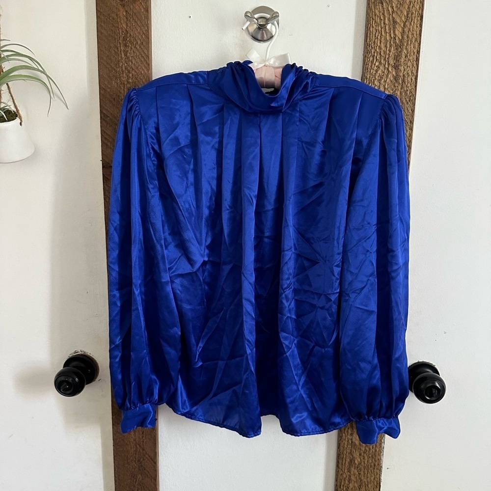 Vintage 90s Sonya Ratay for San Andre Silky Blue Blouse Shoulder Pads made USA